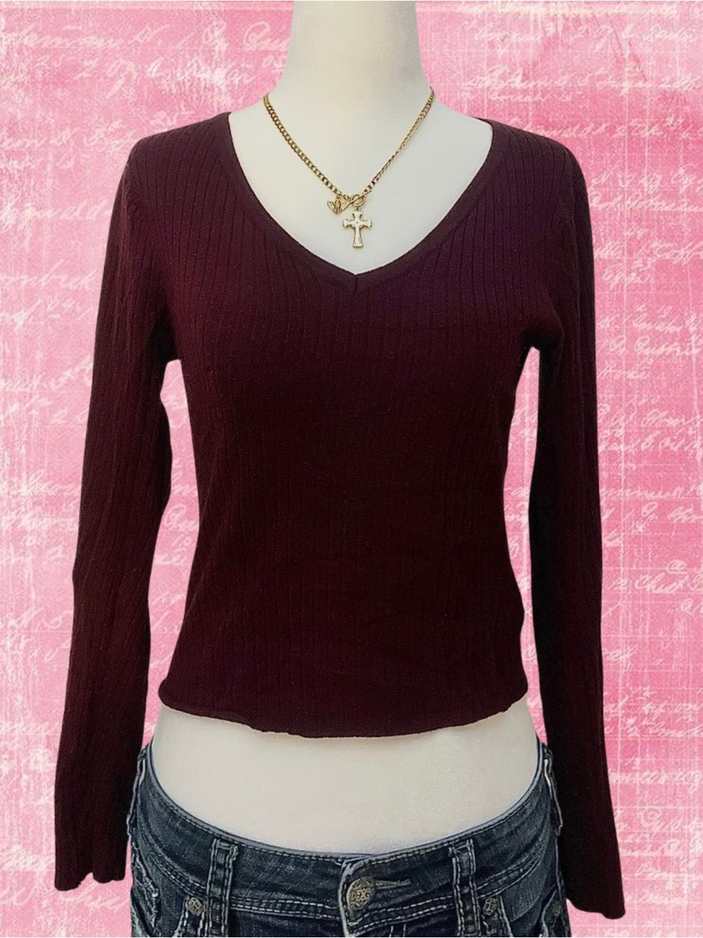 Slim Ribbed V-Neck Long Sleeve Top - Wine